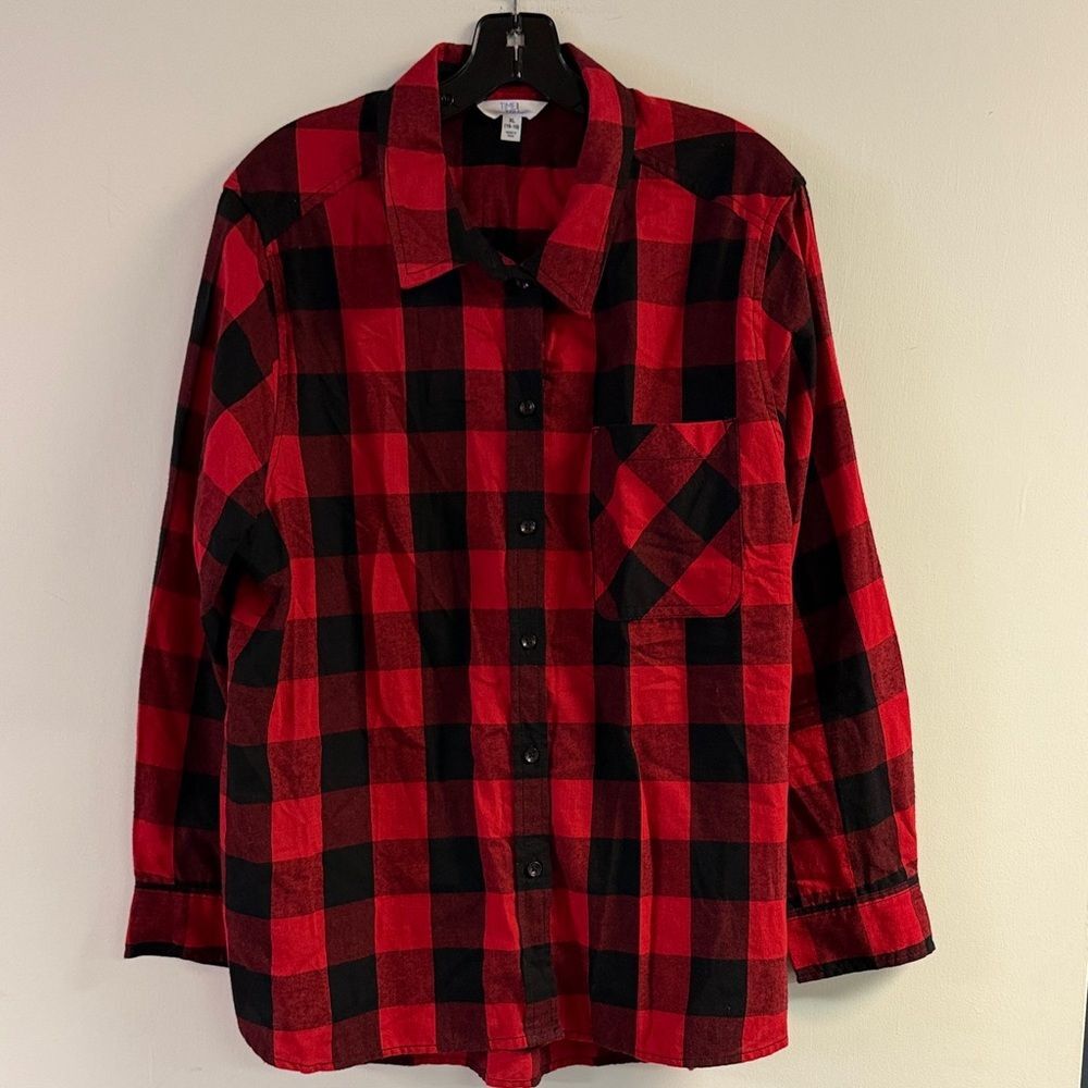 Time & Tru Red & Black Buffalo Check Button Down Top Size XL